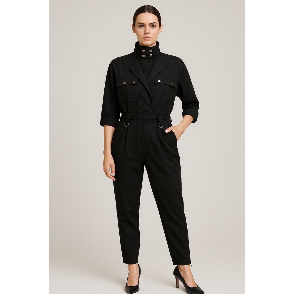 Bebe Jumpsuit Womens Small Black Utility Flight Suit‎ Satin Industrial Chic